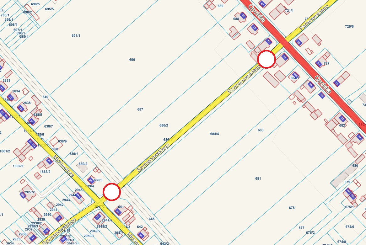 Mapka z ulicą Szymanowskiego z zakazem ruchu